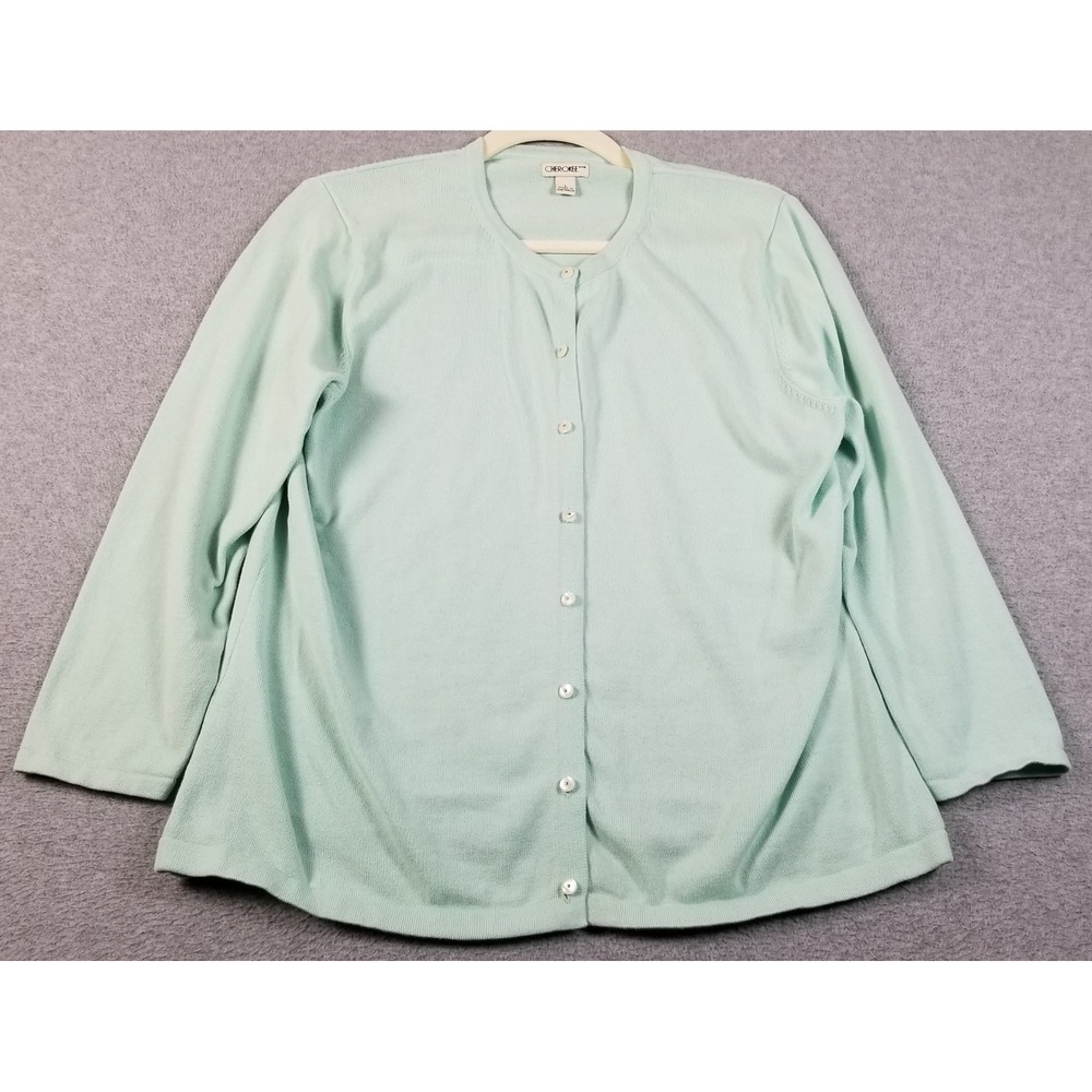 Cherokee Cardigan Sweater Womens Large L Mint Green Button Up 3/4 Sleeve Cotton